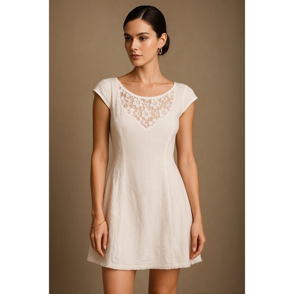 Free People Mini Dress Size 8 White Floral Lace Cap Sleeves Cotton - Picture 1 of 11